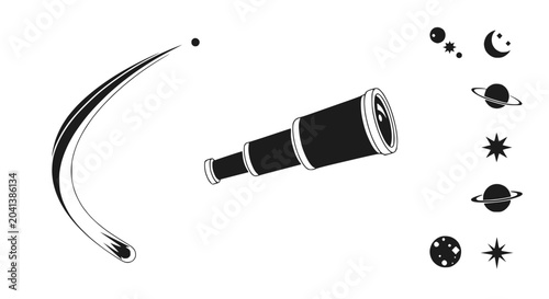 Canvas-taulu Telescope Observing Celestial Bodies and Comet Trail, Space Icons Set