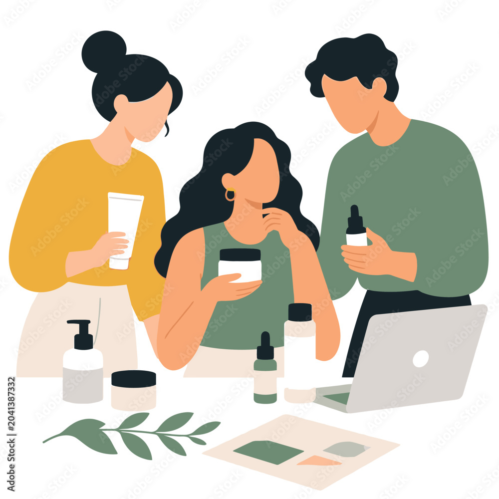 Fototapeta premium Illustrated group preparing healthy drinks and meal with digital devices.