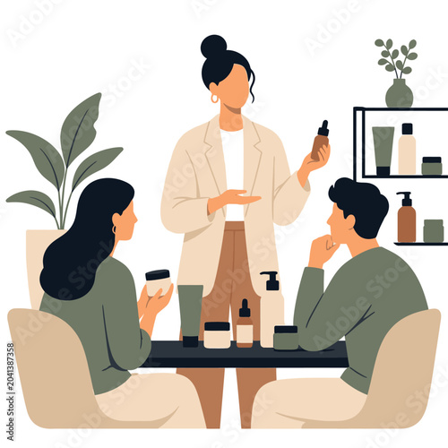 Tableau sur toile Illustrated group of people serving coffee at cafe table.