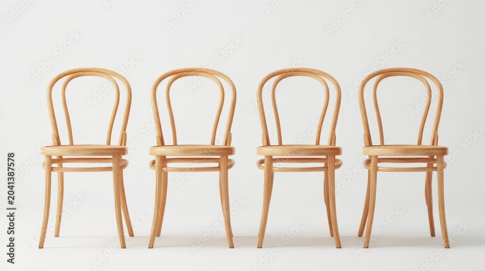 Obraz premium Set of four bentwood chairs natural wood finish classic design tubular frame elegant simple design stacked chairs modern interior design.