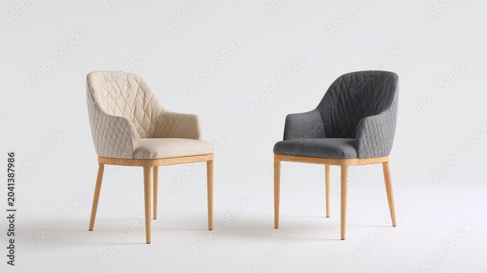 Fototapeta premium Two modern upholstered dining chairs with quilted fabric texture and wooden legs isolated on white background for interior design catalog or furniture retail advertisement stock photograph.