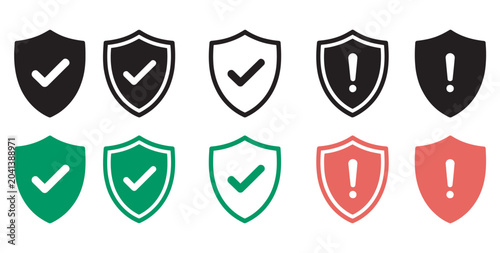 Quadro su tela Professional security shield icons with validation check and warning alert symbo