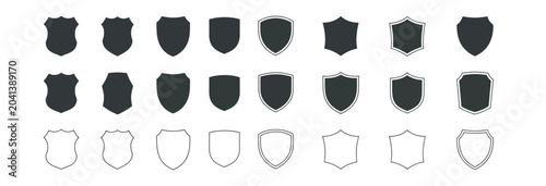 Professional shield icons and badge frames in solid and outline vector design set
