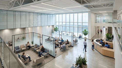 Modern Clinic Waiting Area with Patients and Staff