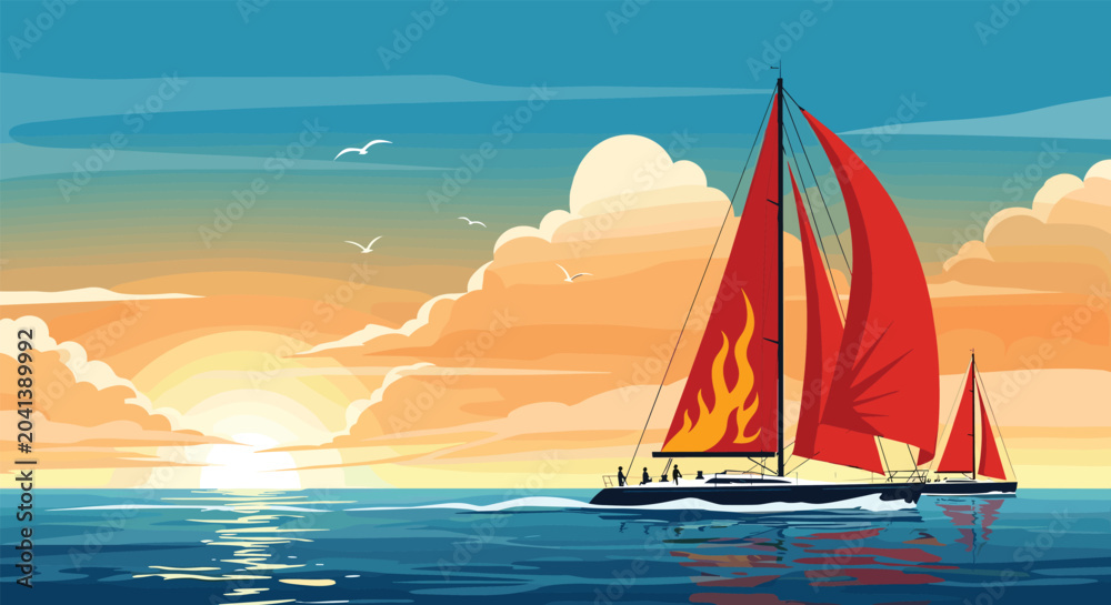 Naklejka premium Two sailing boats with large red sails navigating through ocean waves during a beautiful sunset with orange sky clouds.