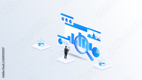 Isometric stock market data analyzing with financial dashboard, stock market research and performance monitoring concept.