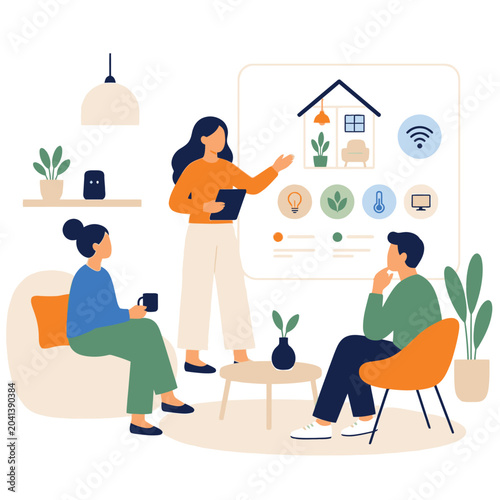 Team of people planning with smart home digital dashboard illustration.