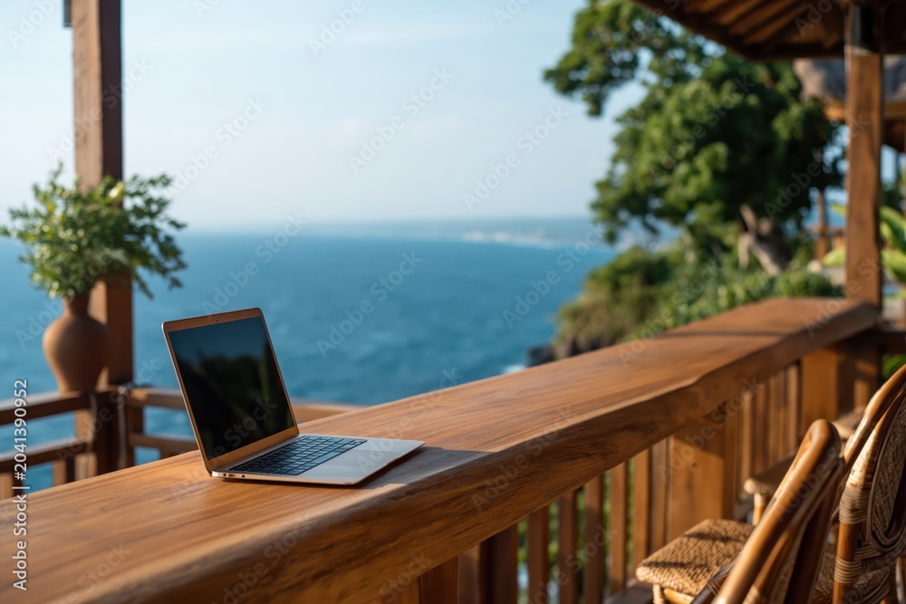 Fototapeta premium Laptop computer on balcony with ocean view for remote work travel tropical