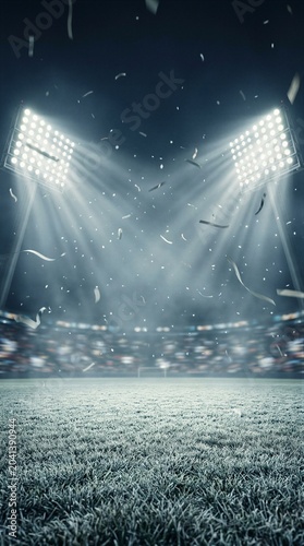 Empty football stadium at night with falling confetti