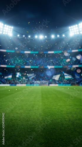 Empty soccer stadium pitch at night with falling confetti
