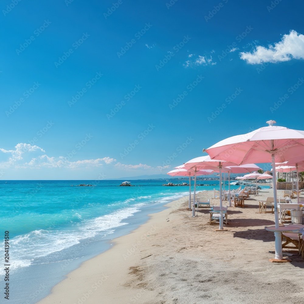 Fototapeta premium Row of pink umbrellas positioned along pristine white sandy beach overlooking turquoise sea under clear blue sky creating tropical vacation getaway atmosphere for leisure travelers.