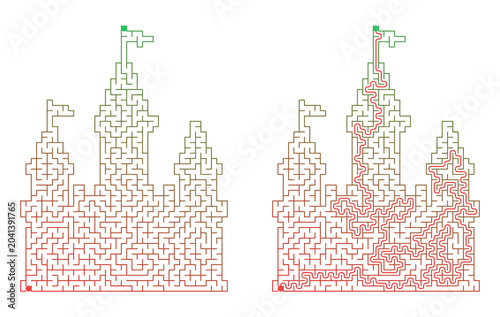 Castle shaped maze for kids activity with solution puzzle
