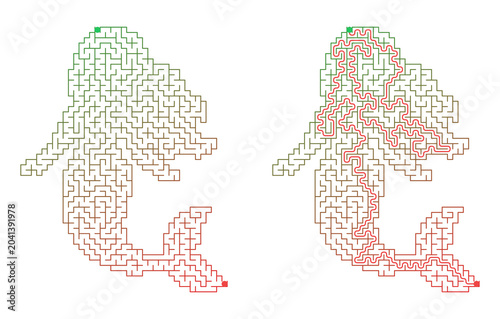 Mermaid shaped maze for kids activity with solution puzzle