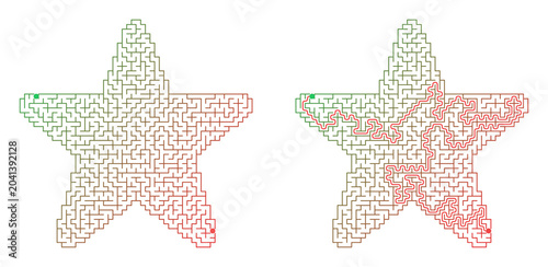 Five pointed star shaped maze for kids activity with solution puzzle