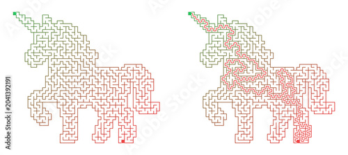 Unicorn shaped maze for kids activity with solution puzzle