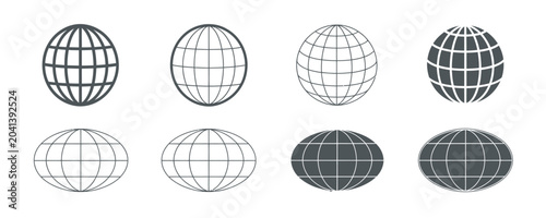 Set of globe grid icons featuring round and oval variations for global web design