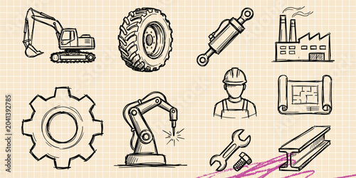 Black ink scribble doodle vector vintage hand drawn set of artificial intelligence robotics brain and cyber machine automation