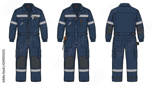 Quadro em tela Three navy blue work jumpsuits with reflective strips shown from front, side, and back against a white background