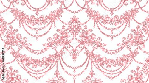 Seamless Pink Floral Pattern, Rococo Style, Victorian Ornament, Vintage Wallpaper
