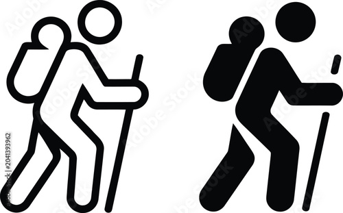 Hiking icon set linear and filled styles depicting trekking with poles