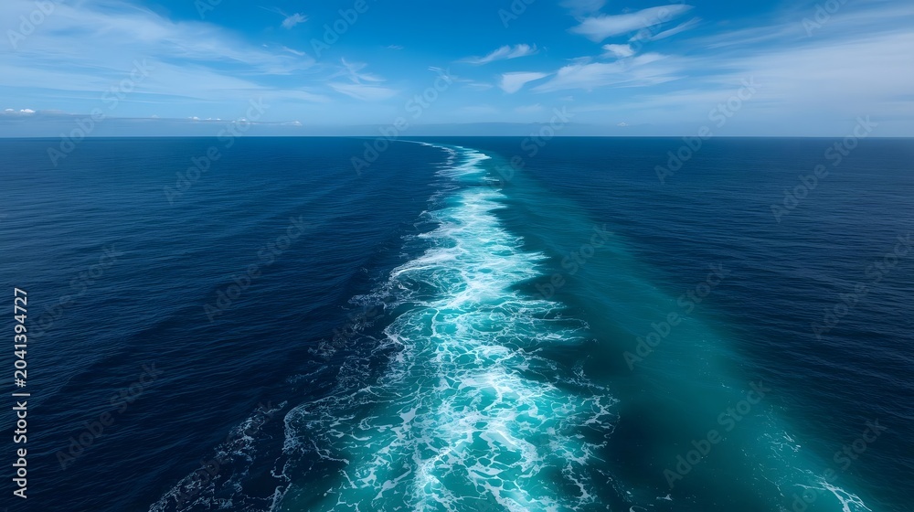 Fototapeta premium A stunning high-angle aerial view of a deep blue ocean featuring a long white foamy wake trail from a ship, bright turquoise water turbulence, clear horizon, and a beautiful sunny sky background.