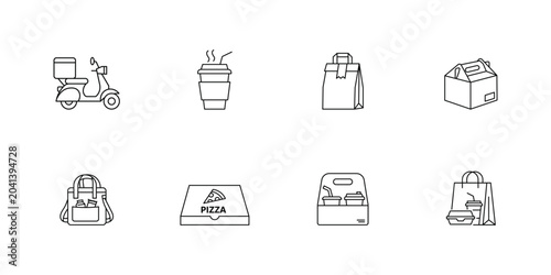 Food delivery and takeout service line icon set featuring delivery scooter, pizza box, paper bag, coffee cup, and insulated backpack vector illustration
