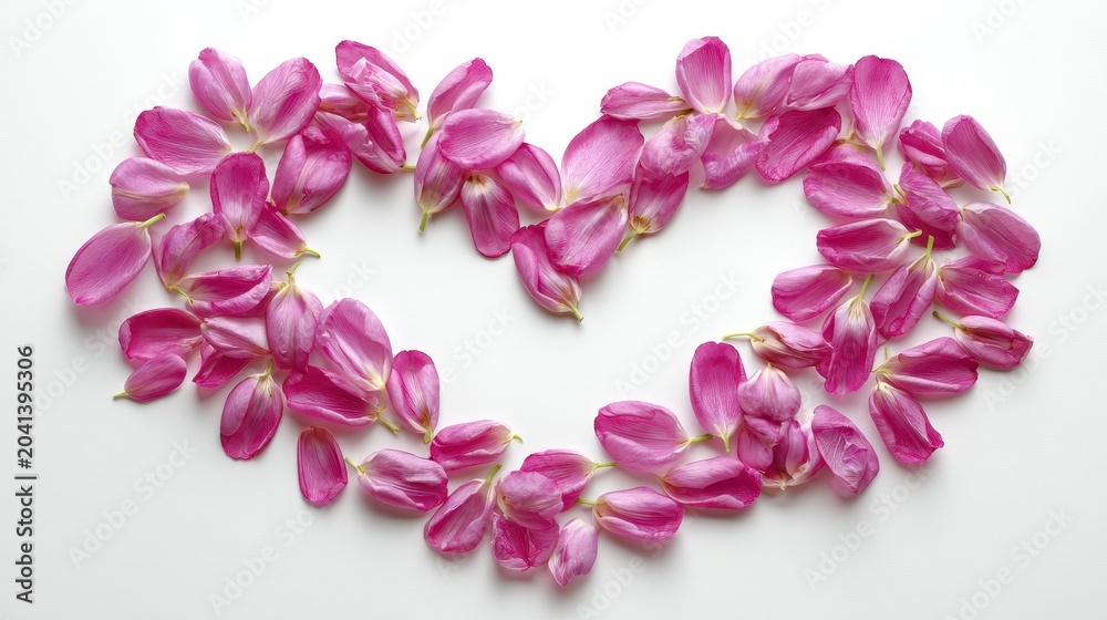 Fototapeta premium Heart-shaped arrangement of vibrant pink flower petals on clean white surface, symbolizing love, romance, and delicate beauty.