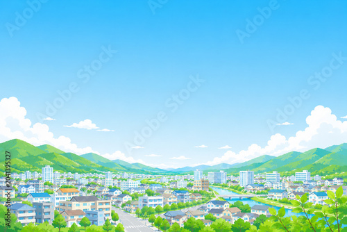 夏の青空と豊かな緑を描いた都市景観イラスト。
公園や街並みが調和した明るいパノラマ構成。
観光、自治体、イベント告知など幅広く利用可能。