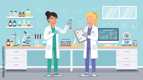 Scientists in lab coat analyze blood sample and data analysis