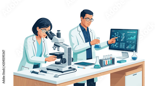 Scientists in lab coat analyzing data and research samples