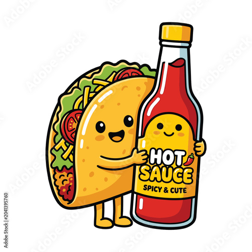 Cute cartoon kawaii taco hugging a bottle of spicy red hot sauce food vector illustration.