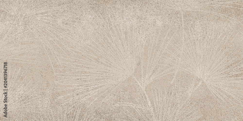 Obraz premium A textured, warm beige background displaying a delicate, embossed design of overlapping tropical fan palm leaves.