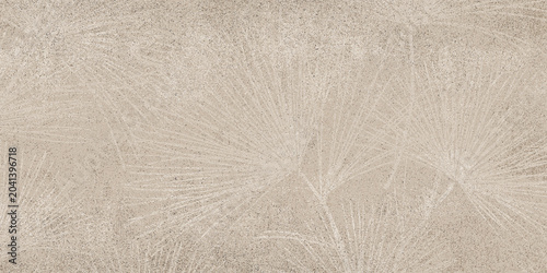 A textured, warm beige background displaying a delicate, embossed design of overlapping tropical fan palm leaves.