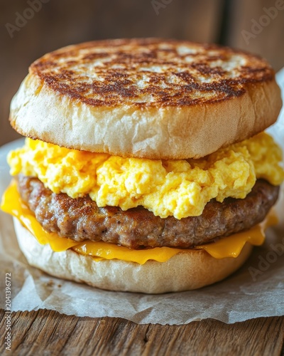 Close up of a hearty breakfast sandwich with sausage and eggs