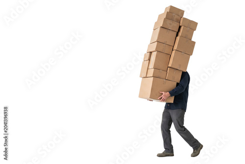 Tableau sur toile Delivery man struggling with a towering stack of cardboard boxes