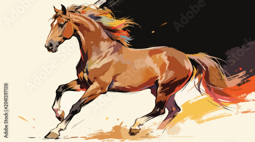 Foto Dynamic Running Brown Horse Art - Colorful Mane & Abstract Splatter Vector Style