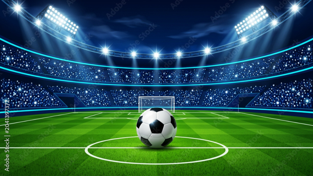 Fototapeta premium Empty soccer stadium field at night under bright stadium lights with soccer ball in center for sports event background.