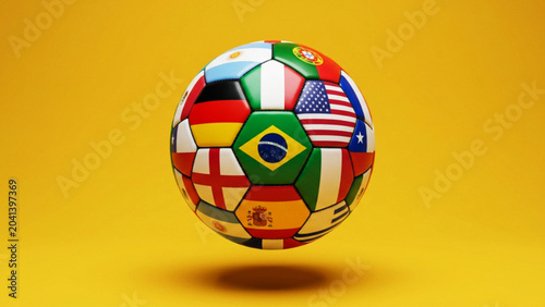 Foto Detailed 3D rendering of soccer ball featuring various international country flags on yellow background for global sports championship concept