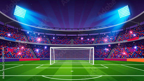 Photos Professional soccer stadium field view with bright floodlights at night under stadium lights for championship match concept illustration with vibrant green grass and goal net
