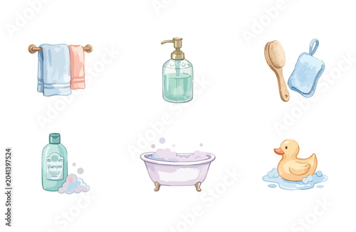 Watercolor bathroom icons set, clean toiletries elements on white background