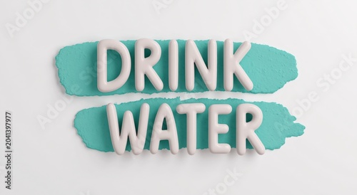 Drink water 3d typography illustration on teal brush strokes for healthy lifestyle