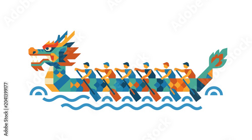 Geometric mosaic style dragon boat team racing.