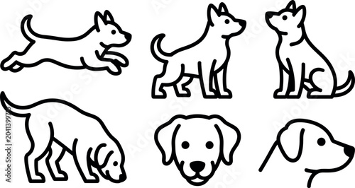 Foto Minimalist dog line icon set featuring various breeds running standing sitting a