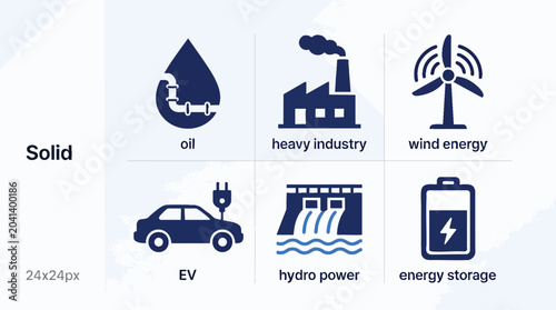 Tableau sur toile Industrial and Renewable Energy Icon Set: Oil, Wind, EV, Hydro and Energy Storag