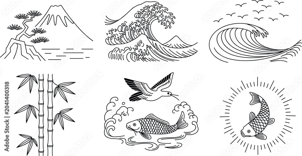 Obraz premium Minimalist vintage asian outline elements including sea waves bonsai tree and fish emblem badge design