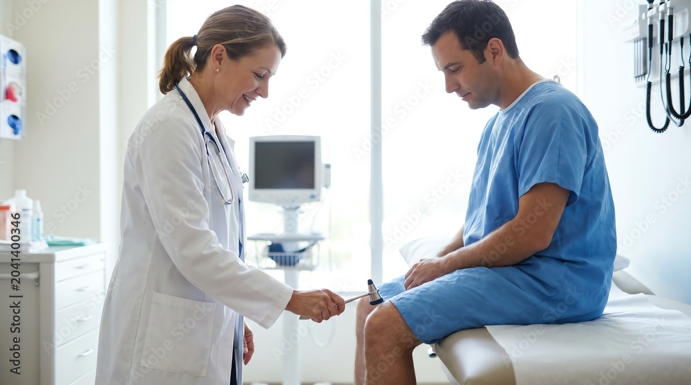 Obraz premium Medical Doctor Performs Knee Reflex Check on Male Patient in Examination Room
