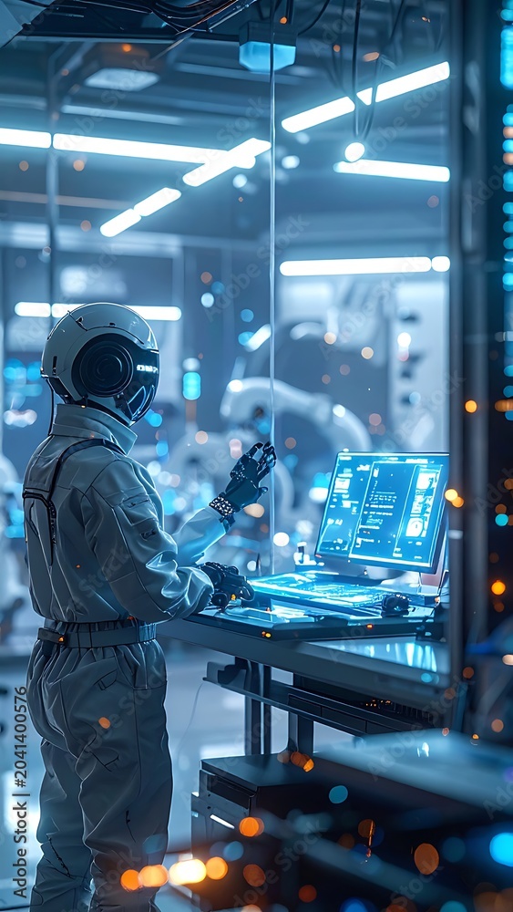 Obraz premium A futuristic worker in a white jumpsuit interacts with holographic screens