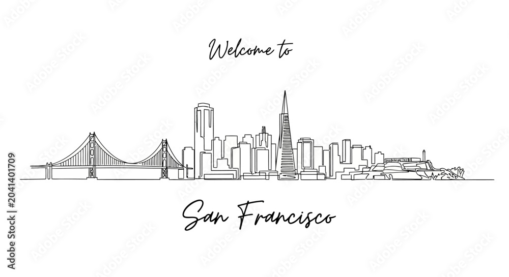 Fototapeta premium San Francisco Skyline Illustration: Line Art with Welcome Message