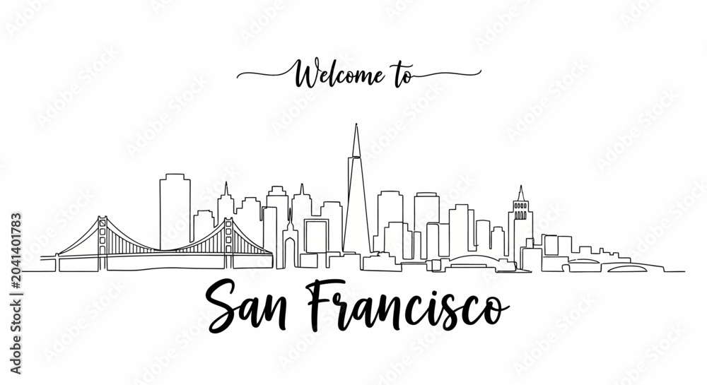 Fototapeta premium San Francisco Skyline Illustration, Modern Minimalist Cityscape Drawing