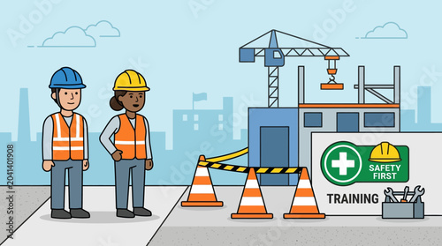 Construction worker safety training: People in hard hats and vests, crane, building site